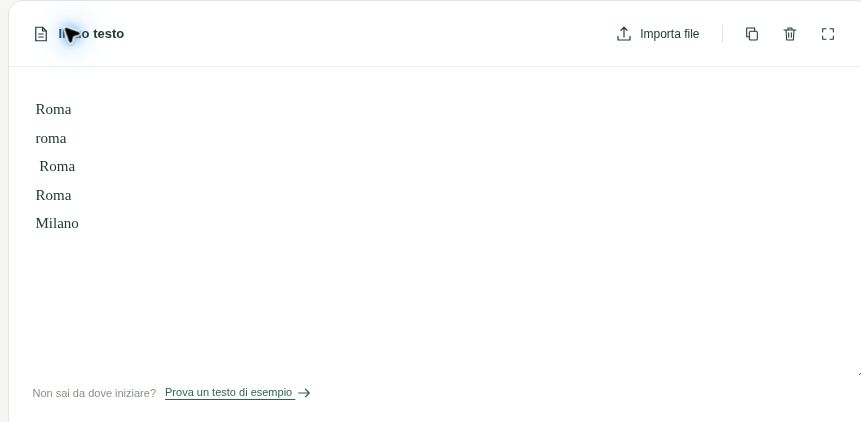 La lista originale nell’editor: Roma, roma, Roma con spazi ai bordi, Roma, Milano e una riga vuota finale.