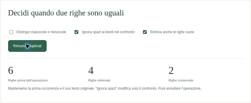Il pannello reale mostra il confronto senza distinzione del caso, con spazi ai bordi ignorati e righe vuote eliminate: sei righe iniziali, quattro rimosse, due conservate.