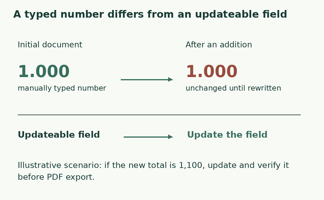 The static number 1,000 stays unchanged after additions. A field needs updating and checking before export.
