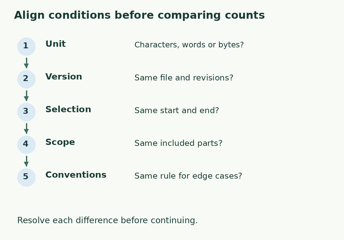 Five sequential checks align unit, version, selection, scope and conventions before comparing totals.