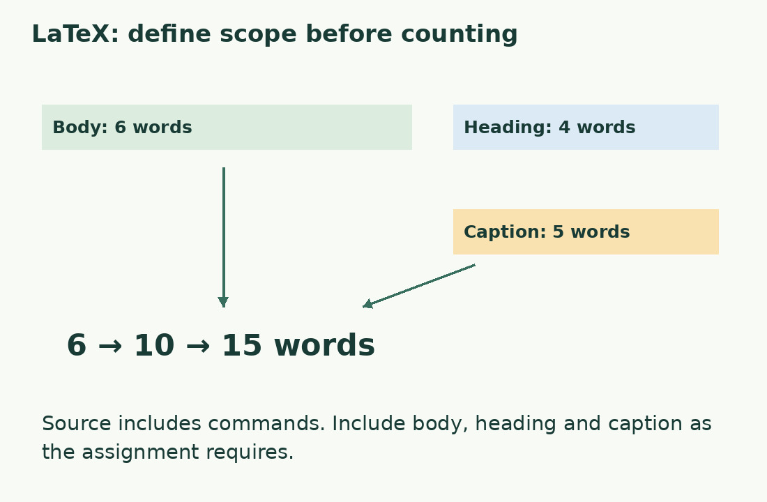 The six-word body becomes ten with the four-word heading and fifteen with the five-word caption.