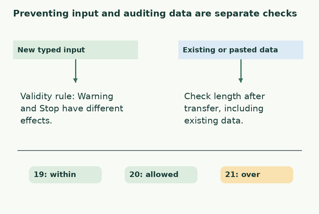 Entry validity and checks after paste or on existing data follow two branches. With maximum 20 inclusive, 19 and 20 pass; 21 does not.