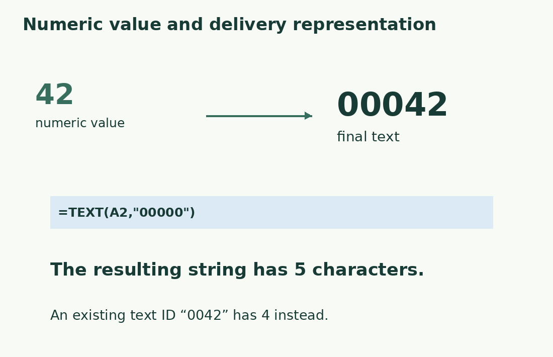 The numeric value 42 can produce text 00042 with TEXT and a five-zero format. The final string has five characters.
