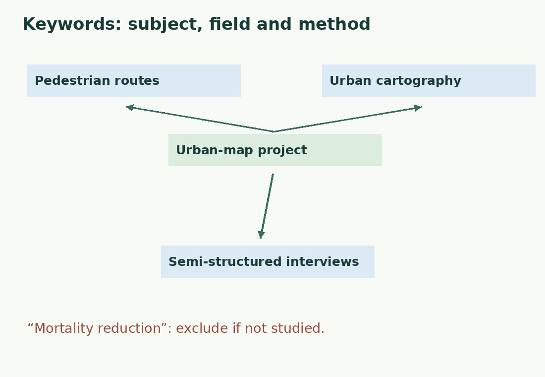 A map connects the fictional project to pedestrian routes, cartography and interview method, excluding an unstudied outcome.