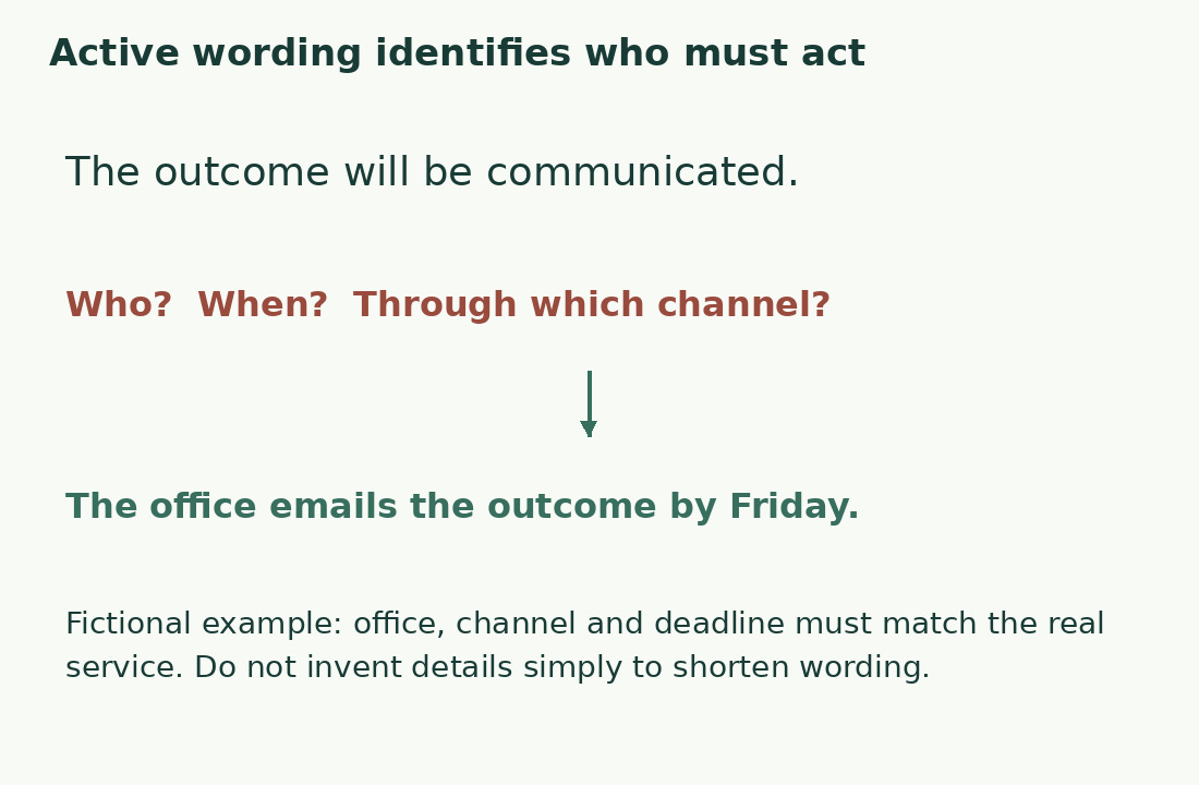 Passive wording leaves actor, date and channel unanswered. Active wording states them, but those details need checking.