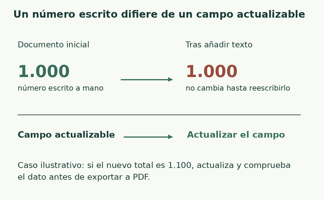 El número estático 1.000 no cambia tras añadir texto. Un campo necesita actualización y comprobación antes de exportar.