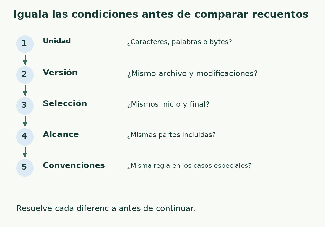 Cinco comprobaciones igualan unidad, versión, selección, alcance y convenciones antes de comparar cifras.