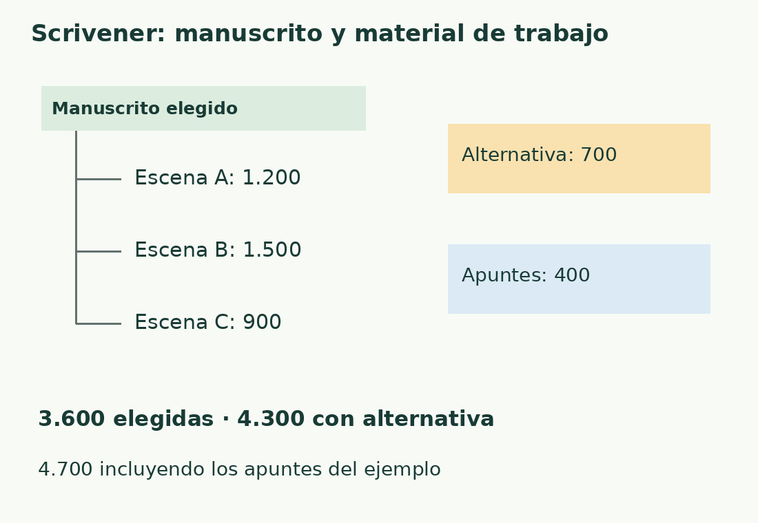 El árbol distingue tres escenas, una alternativa y apuntes: alcances de 3.600, 4.300 y 4.700 palabras.