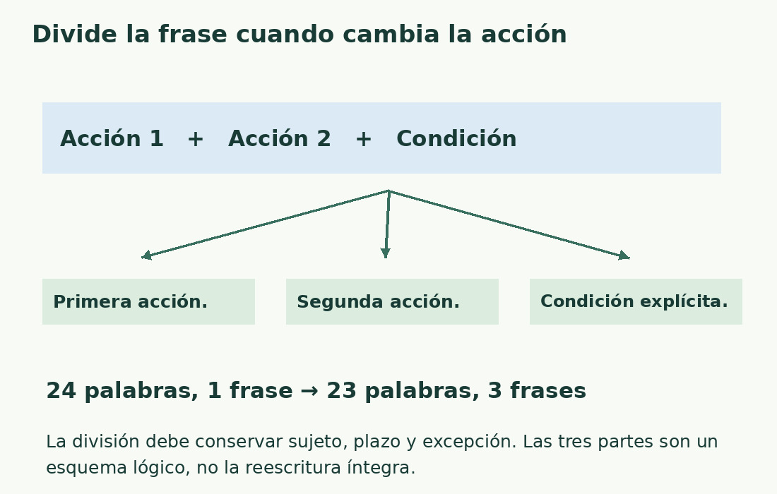 La frase italiana con dos acciones y una condición se divide en tres partes: pasa de 24 palabras y una frase a 23 y tres.