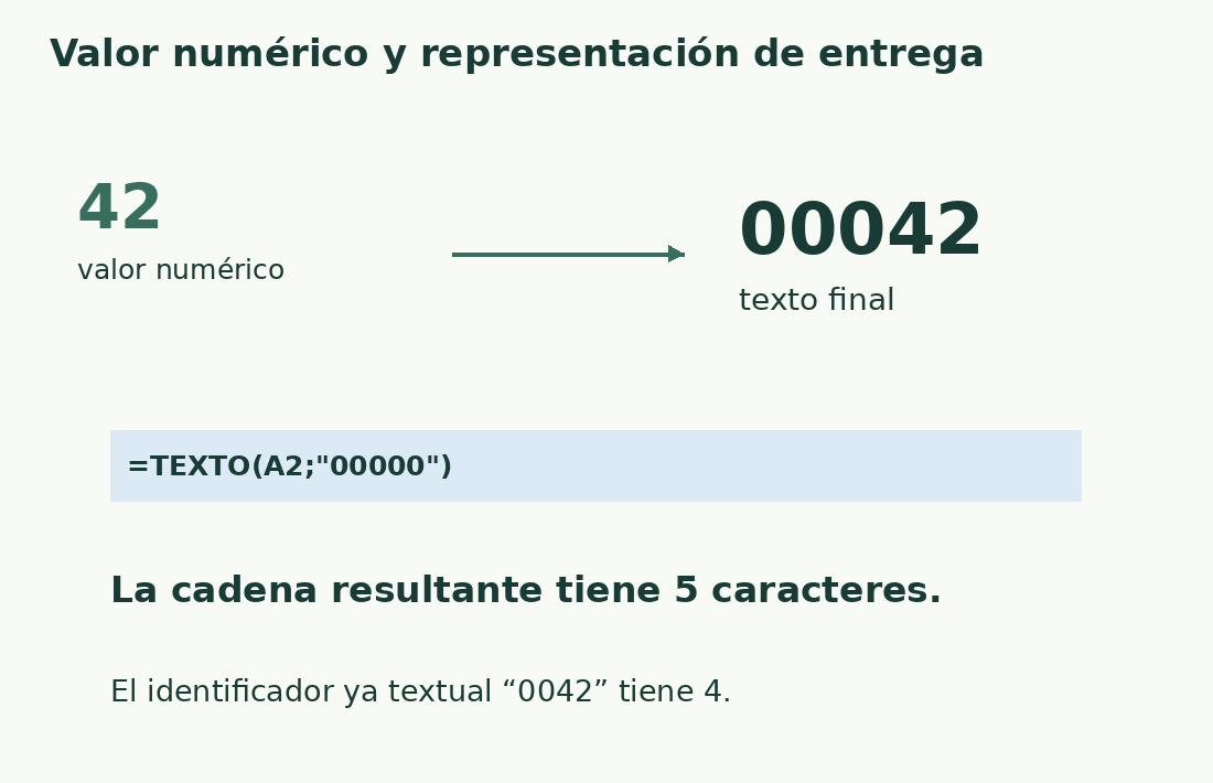 El valor numérico 42 puede producir el texto 00042 con TEXTO y cinco ceros de formato. La cadena final tiene cinco caracteres.