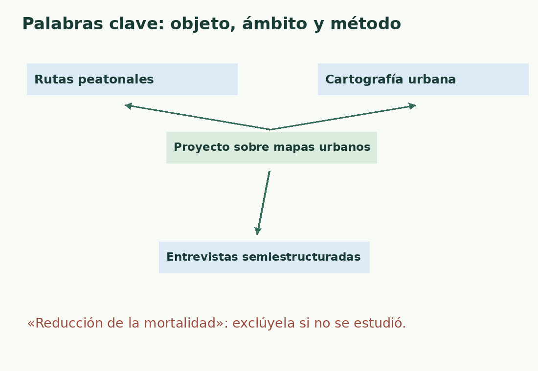 El mapa conecta el proyecto ficticio con rutas peatonales, cartografía y método de entrevistas; excluye un resultado no estudiado.