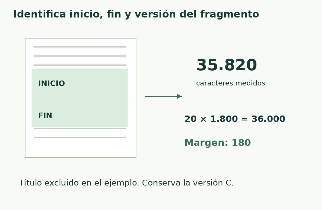 La selección conserva inicio y fin; sus 35.820 caracteres quedan 180 por debajo del máximo 36.000: veinte cartelle de 1.800.