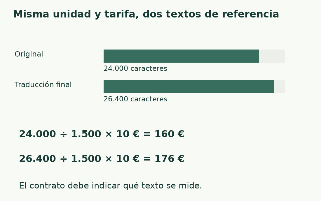 Dos barras comparan 24.000 caracteres originales y 26.400 traducidos; con unidad de 1.500 y tarifa hipotética de diez, el resultado es 160 o 176 euros.