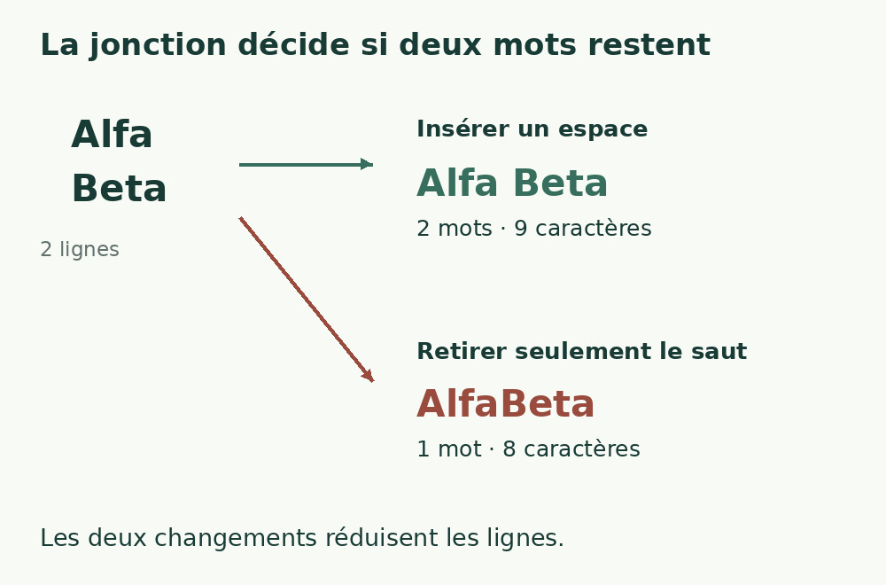 Joindre Alfa et Beta avec un espace donne Alfa Beta. Retirer seulement le saut donne AlfaBeta et fusionne les mots.