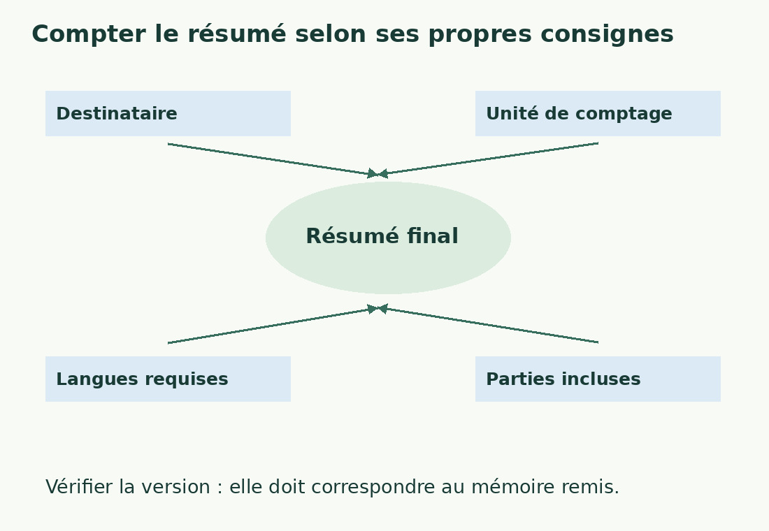 Le résumé final est relié au destinataire, à l’unité, aux langues et aux parties incluses. Sa version doit correspondre au mémoire.