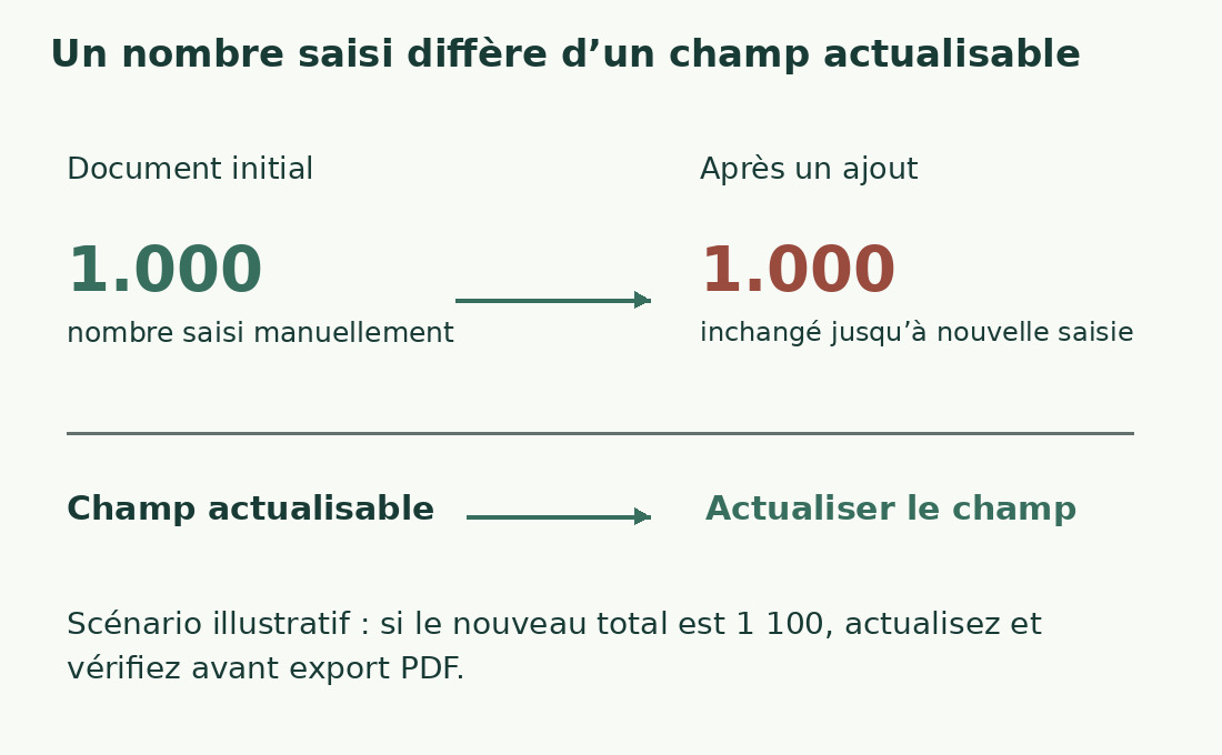 Le nombre statique 1 000 ne change pas après ajout. Un champ exige actualisation et vérification avant export.