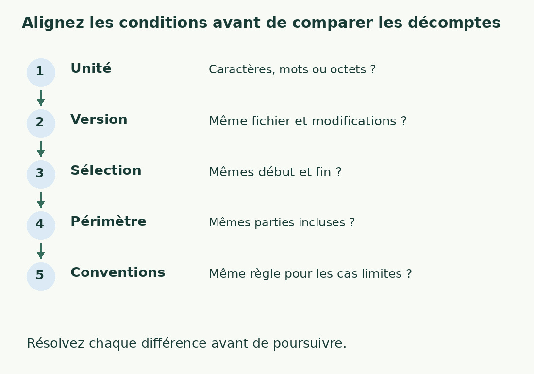 Cinq contrôles alignent unité, version, sélection, périmètre et conventions avant de comparer les nombres.