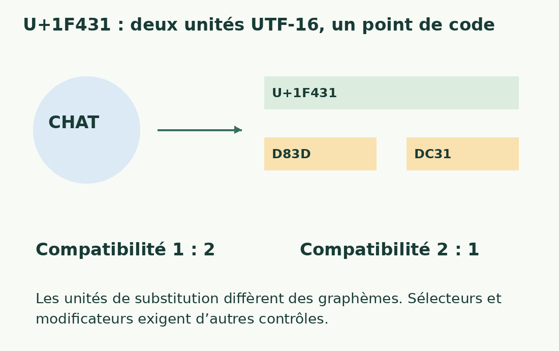 Le chat U+1F431 utilise les unités UTF-16 D83D et DC31. Selon la compatibilité, la fonction peut compter deux ou un.