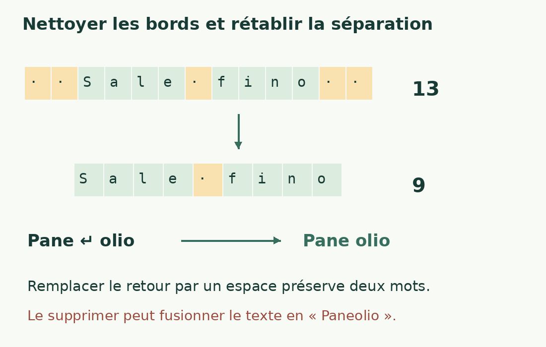 Retirer quatre espaces aux bords réduit Sale fino de 13 à 9. Remplacer le retour par un espace préserve la séparation Pane/olio.