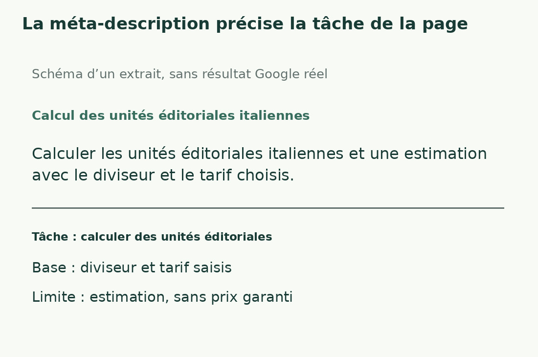 Une description d’exemple précise tâche, données saisies et caractère estimatif du résultat, plutôt que de promettre un guide complet générique.