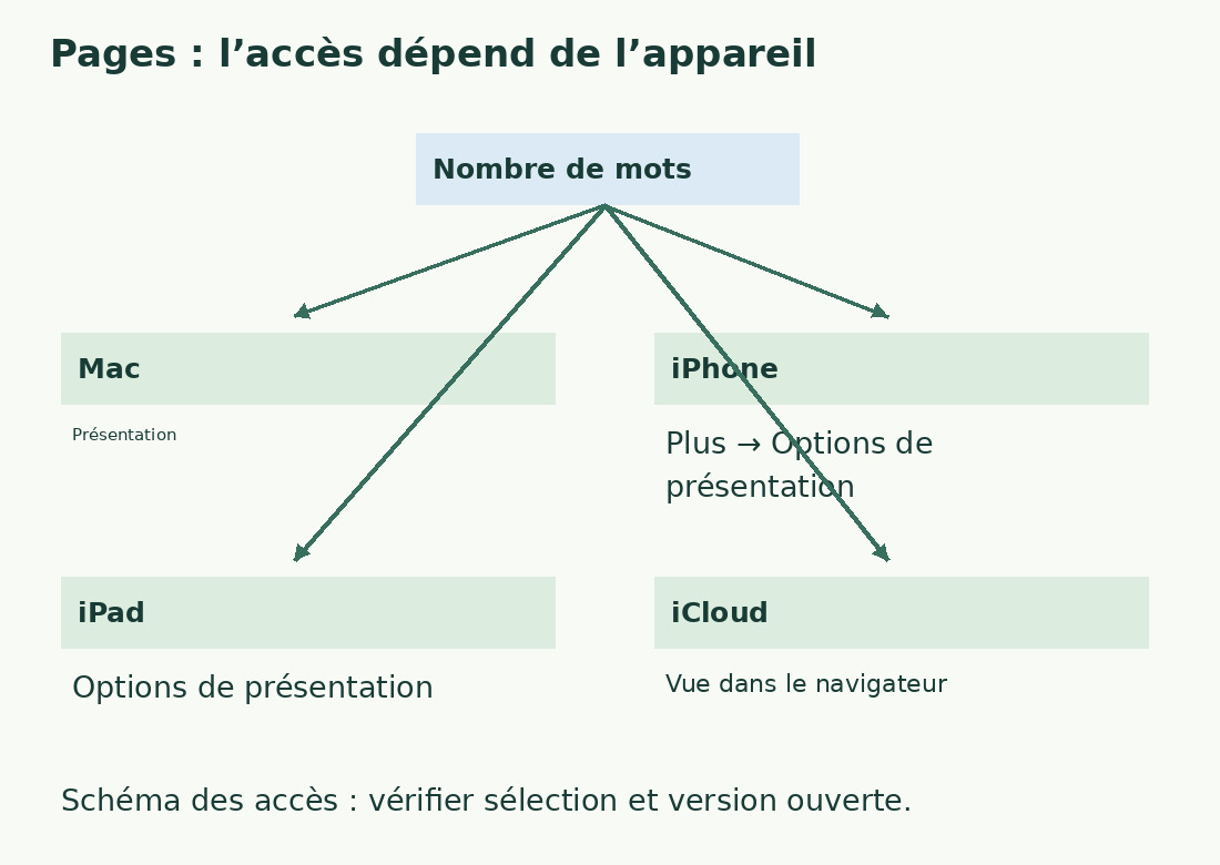Le schéma distingue Mac, iPhone, iPad et iCloud et montre les accès documentés aux statistiques.