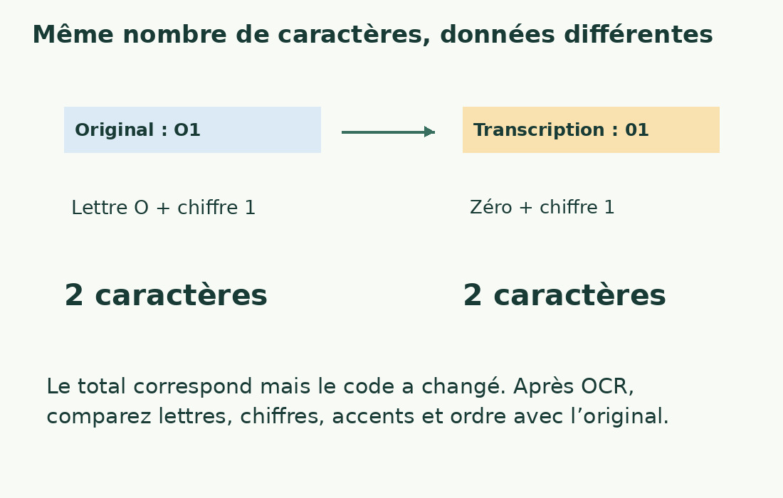 O1 et 01 ont deux caractères mais sont différents. Des totaux égaux ne prouvent pas un OCR exact.