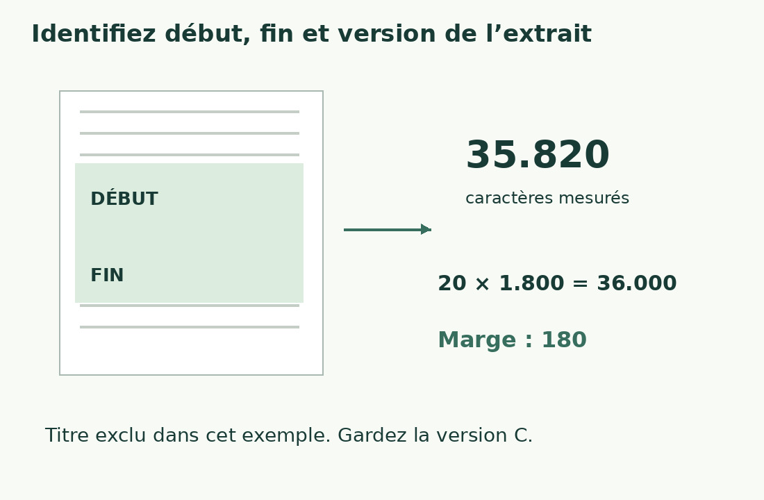 La sélection garde début et fin ; 35 820 caractères restent 180 sous le plafond de 36 000 : vingt cartelle de 1 800.