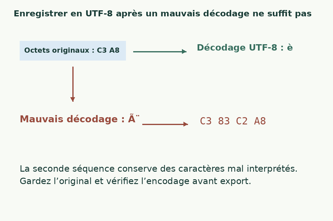 Les octets C3 A8 donnent è en UTF-8. Un mauvais décodage suivi d’un enregistrement peut produire C3 83 C2 A8.