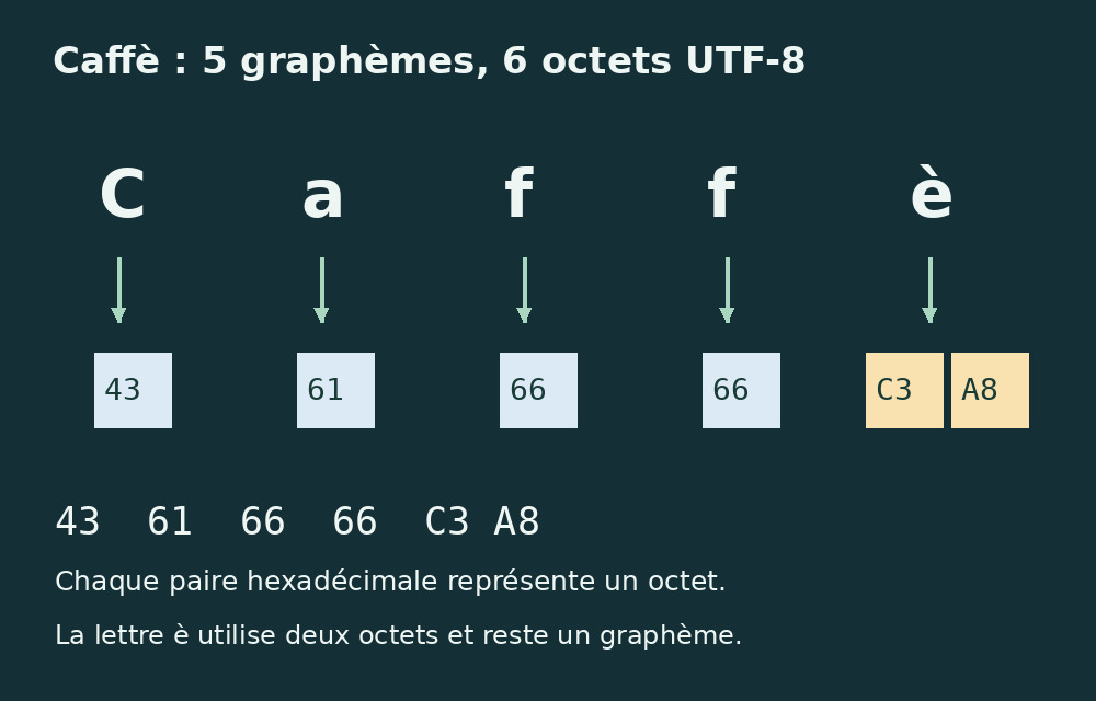 Caffè occupe six octets UTF-8, 43 61 66 66 C3 A8 : la dernière lettre en utilise deux.