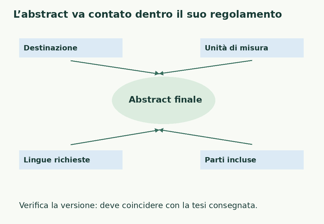 L’abstract finale è collegato a destinazione, unità, lingue e parti incluse; la versione deve coincidere con quella della tesi.