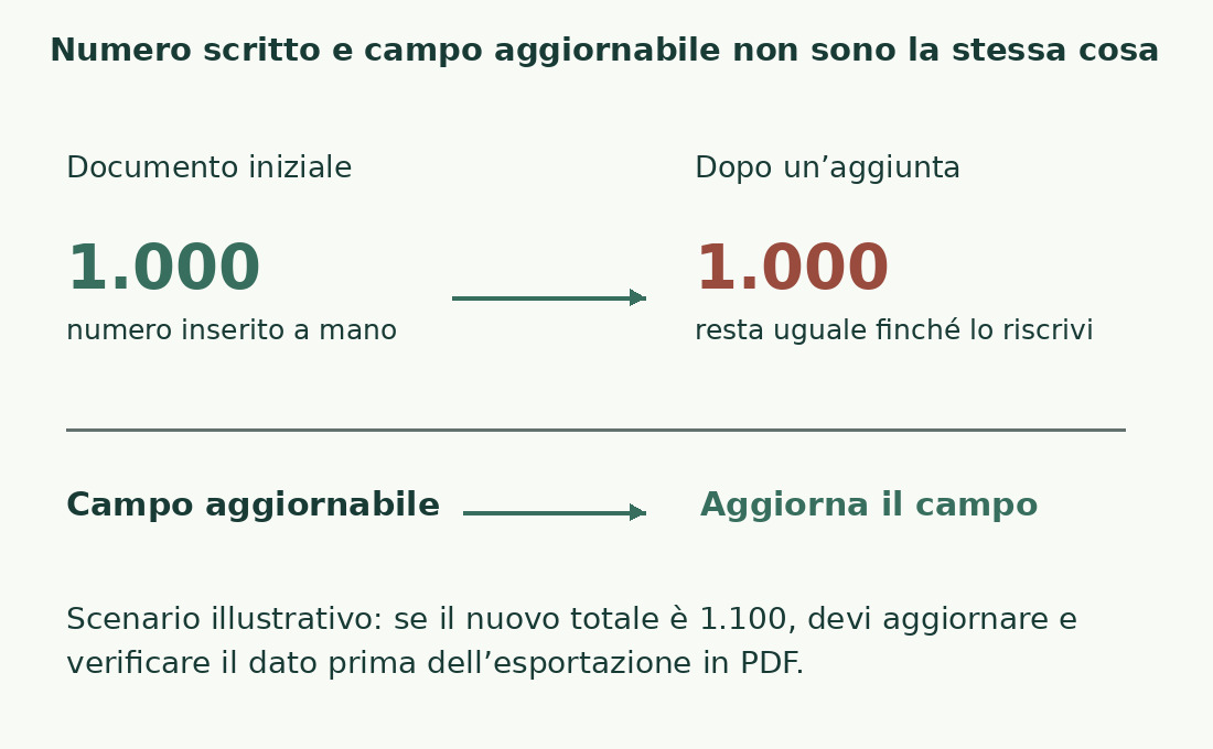 Il numero statico 1.000 resta tale dopo un’aggiunta; un campo richiede l’aggiornamento e la verifica prima dell’esportazione.