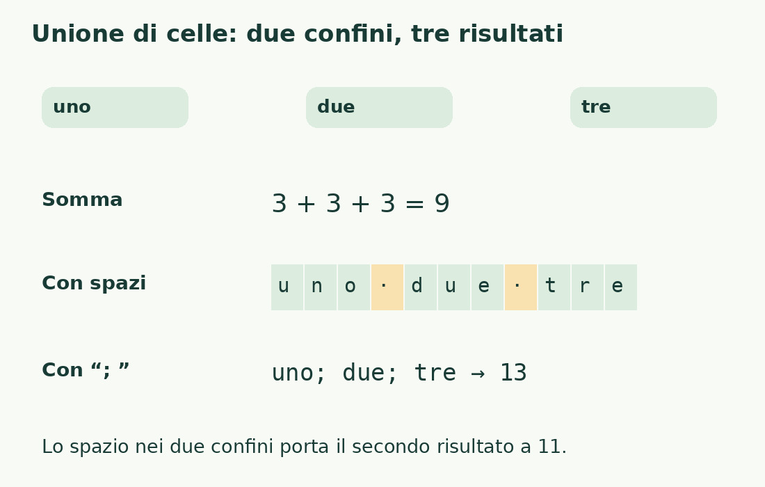 Le tre celle uno, due e tre sommano nove caratteri; l’unione con due spazi ha undici caratteri e con punto e virgola più spazio tredici.