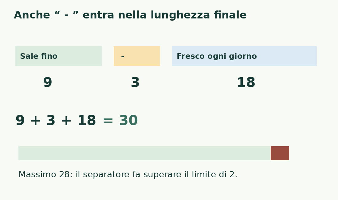 I due campi da 9 e 18 caratteri diventano 30 con il separatore di tre caratteri, superando il massimo di 28.