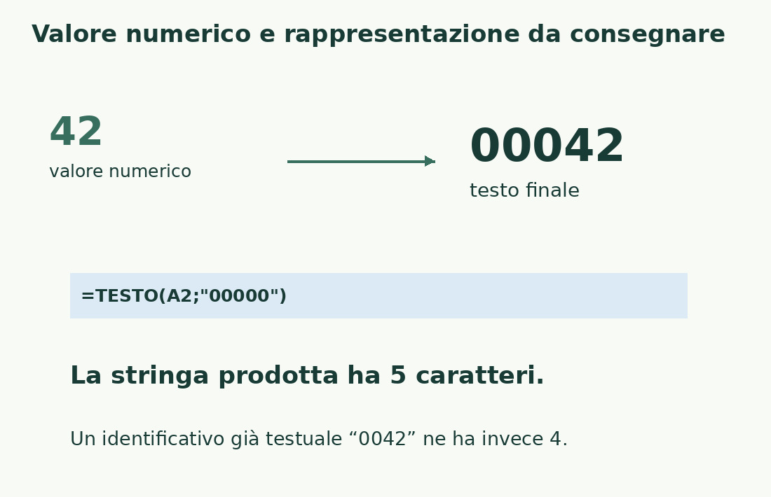 Il valore numerico 42 può produrre il testo 00042 con TESTO e un formato di cinque zeri; la stringa finale ha cinque caratteri.