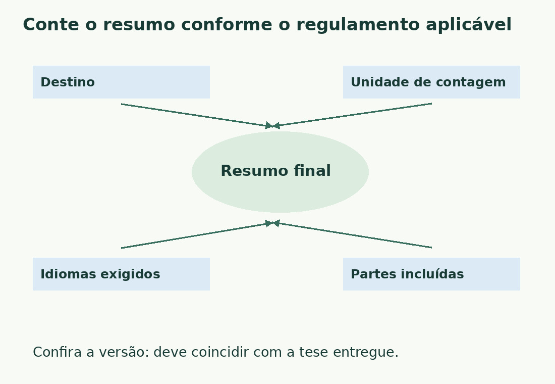 O resumo final se conecta a destino, unidade, idiomas e partes incluídas. A versão deve coincidir com a da tese.