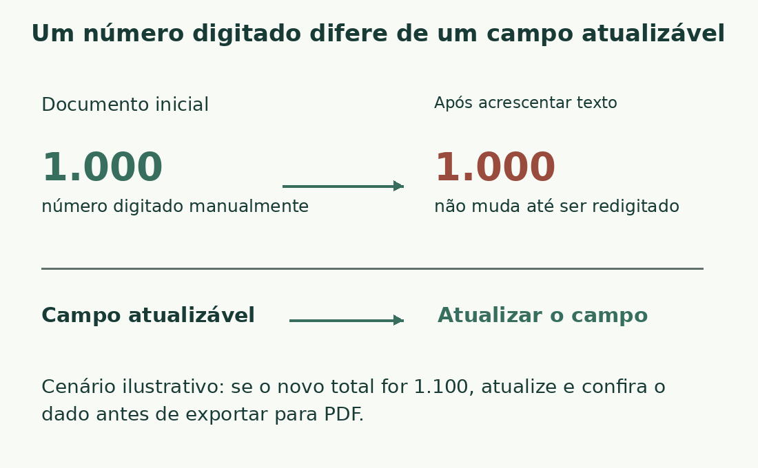 O número estático 1.000 não muda após acréscimos. Um campo precisa de atualização e conferência antes da exportação.