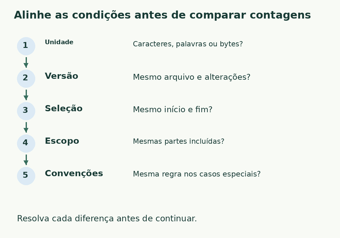 Cinco verificações alinham unidade, versão, seleção, escopo e convenções antes da comparação dos números.