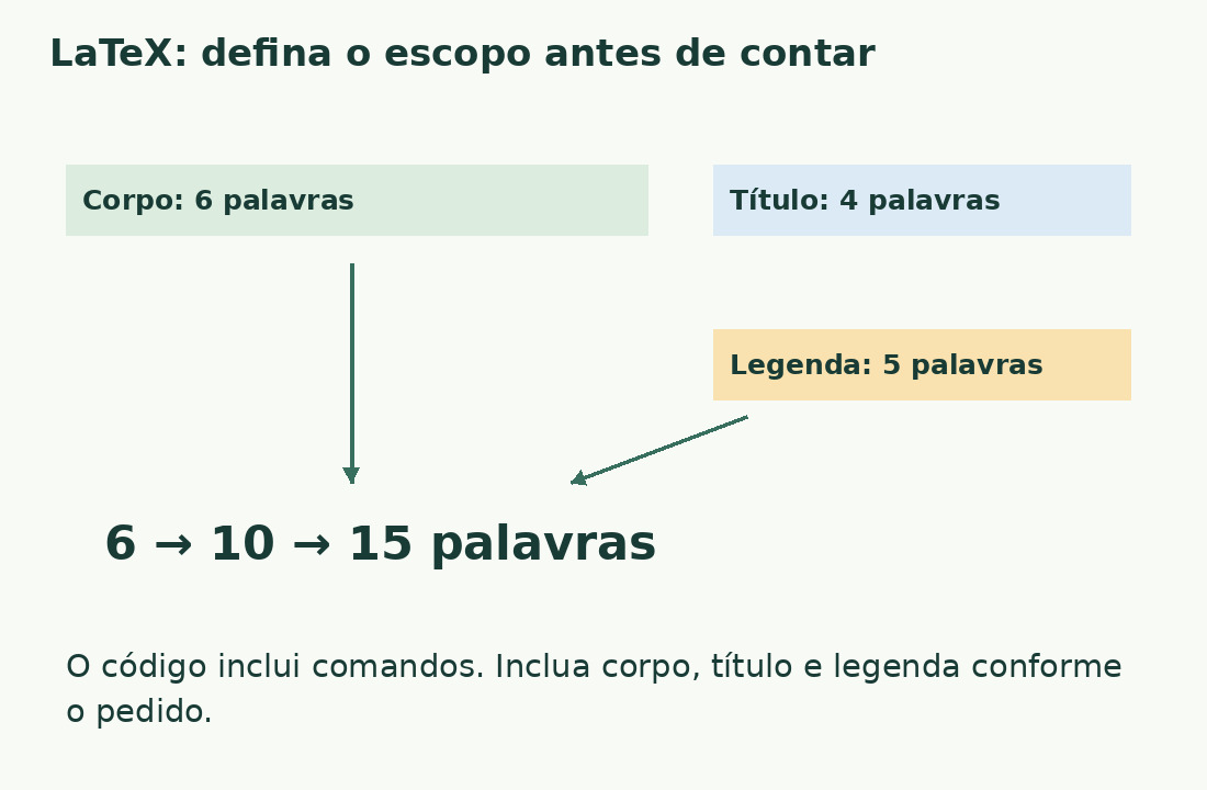 O corpo de seis palavras chega a dez com o título de quatro e a quinze com a legenda de cinco.