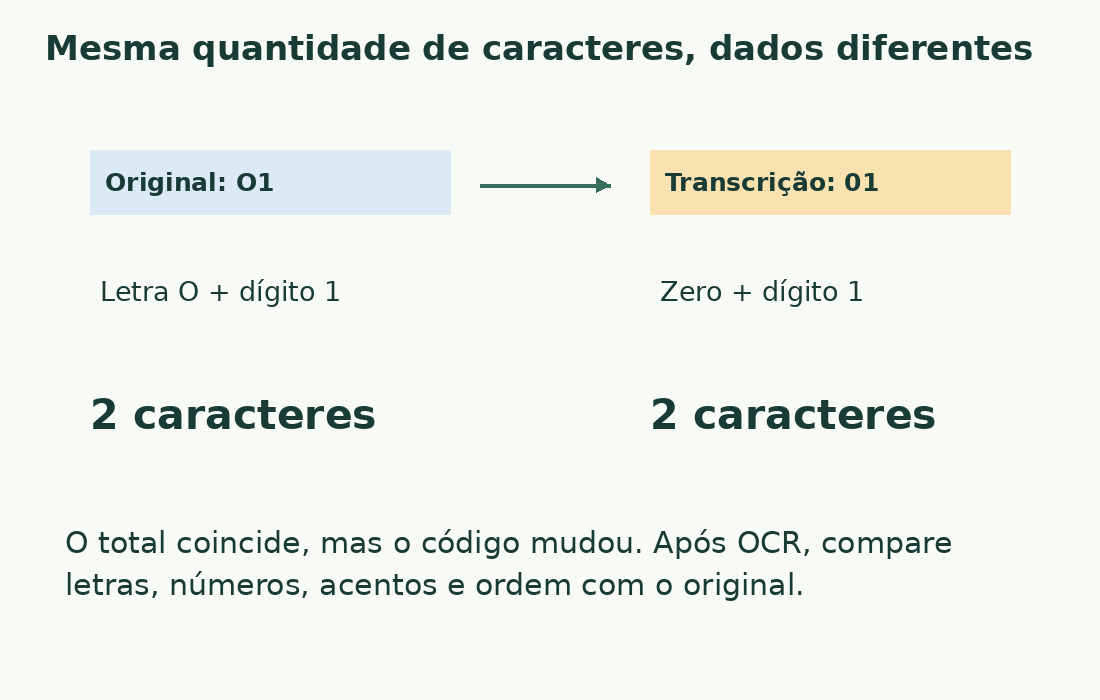O1 e 01 têm dois caracteres e são cadeias diferentes. Totais iguais não provam OCR exato.